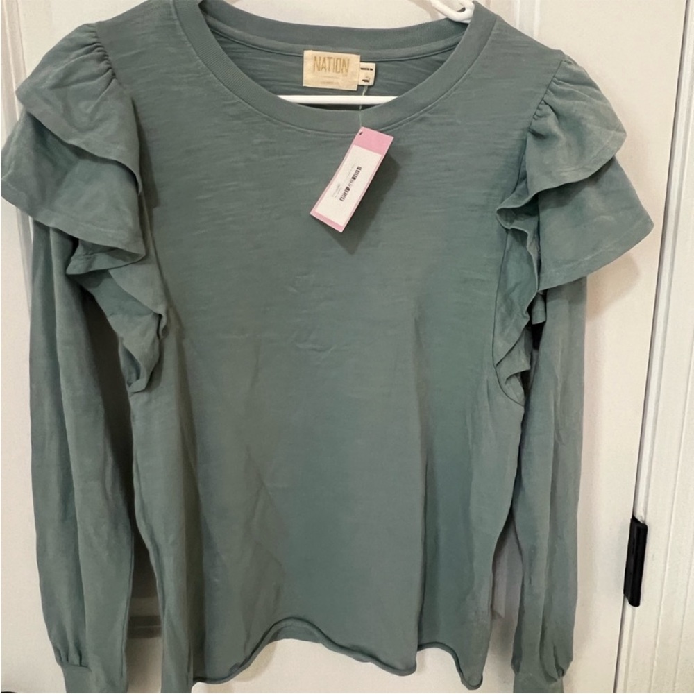 Nation LTD Sage Green Ruffle Shoulder Long Sleeve Tee